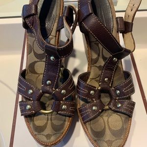Coach Brown Leather Wood Wedge Sandals Size 8.5